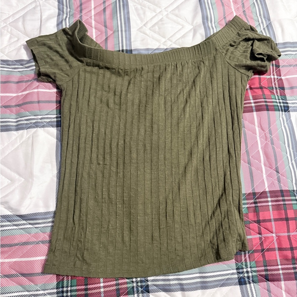 Ambiance Olive Ribbed Short off shoulder Sleeve Top